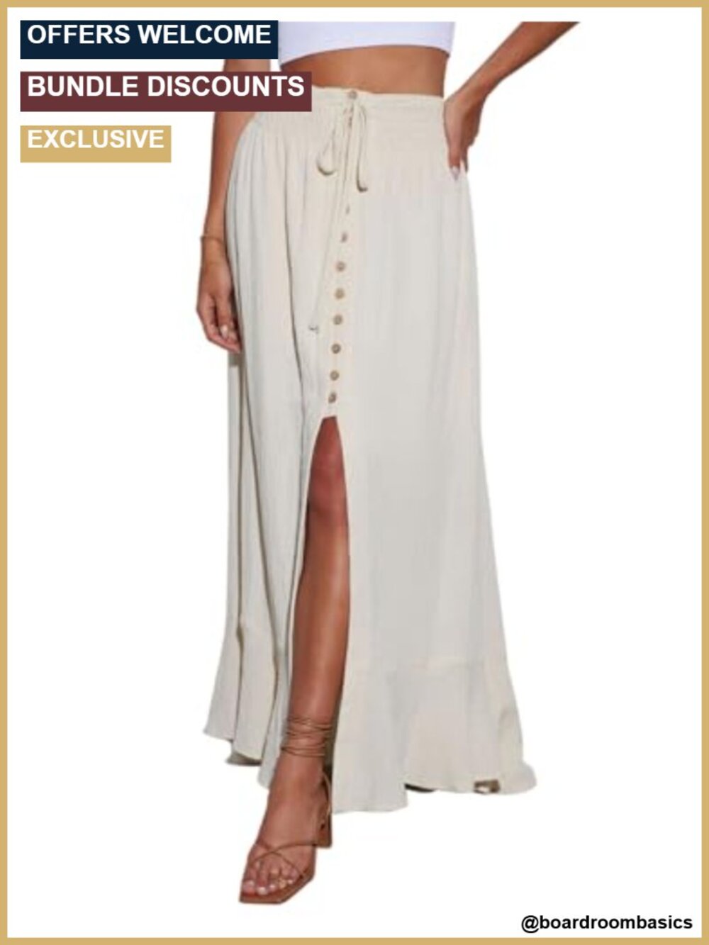 Women's Elastic Tie Waist Button Down Maxi Skirt Loose Flowy Slit Front